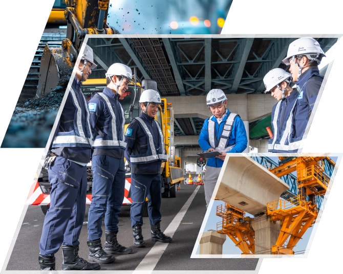 道路工事現場で作業員が打ち合わせを行い、重機と高架橋の工事が進む様子